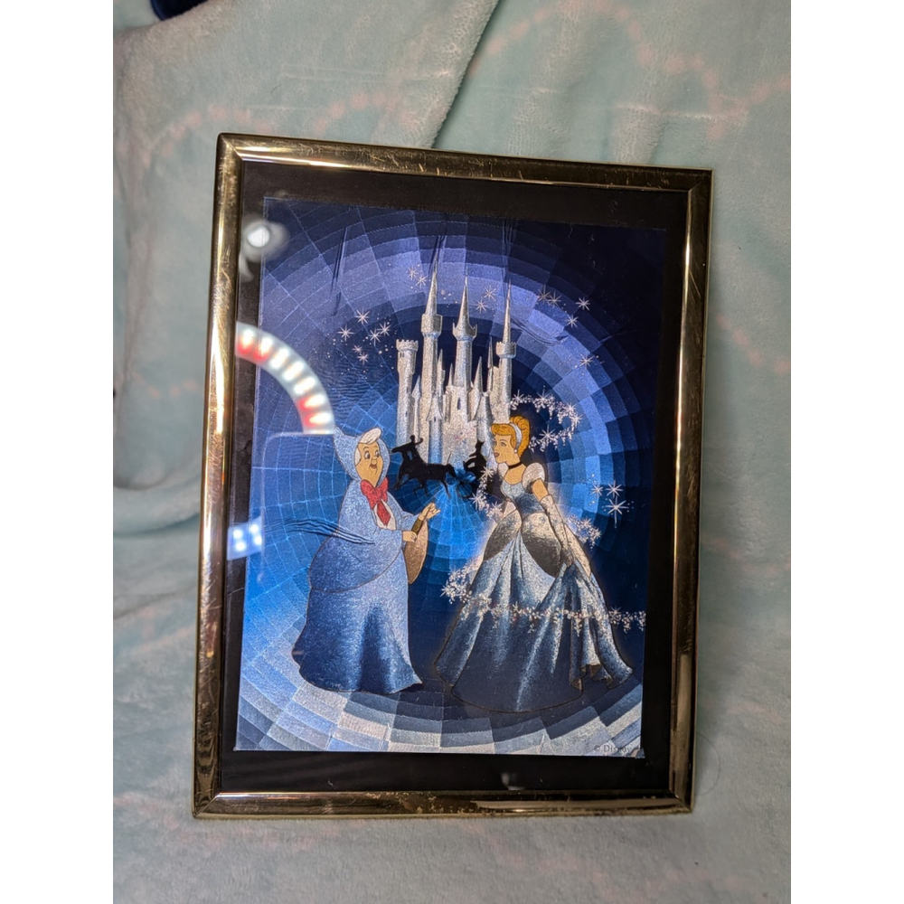VTG Rare Disney Cinderella Metallic Foil Castle Fairy Godmother Framed Art Retro